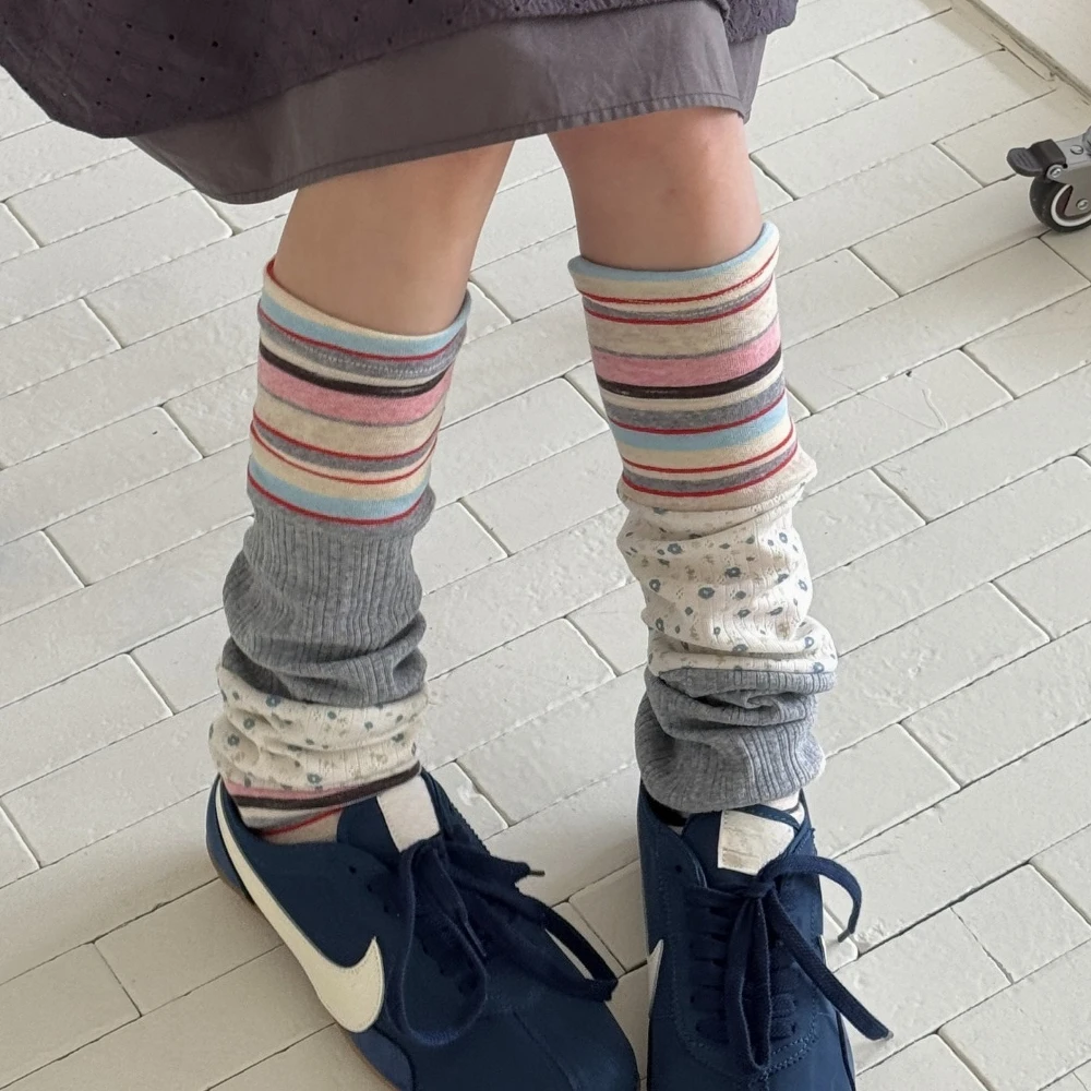 Millennial Hot Girl Stripe Floral Spliced Leg Warmers Vintage Subculture Y2K Knit Slouch Socks Winter Daily Warm Girl Leg Covers