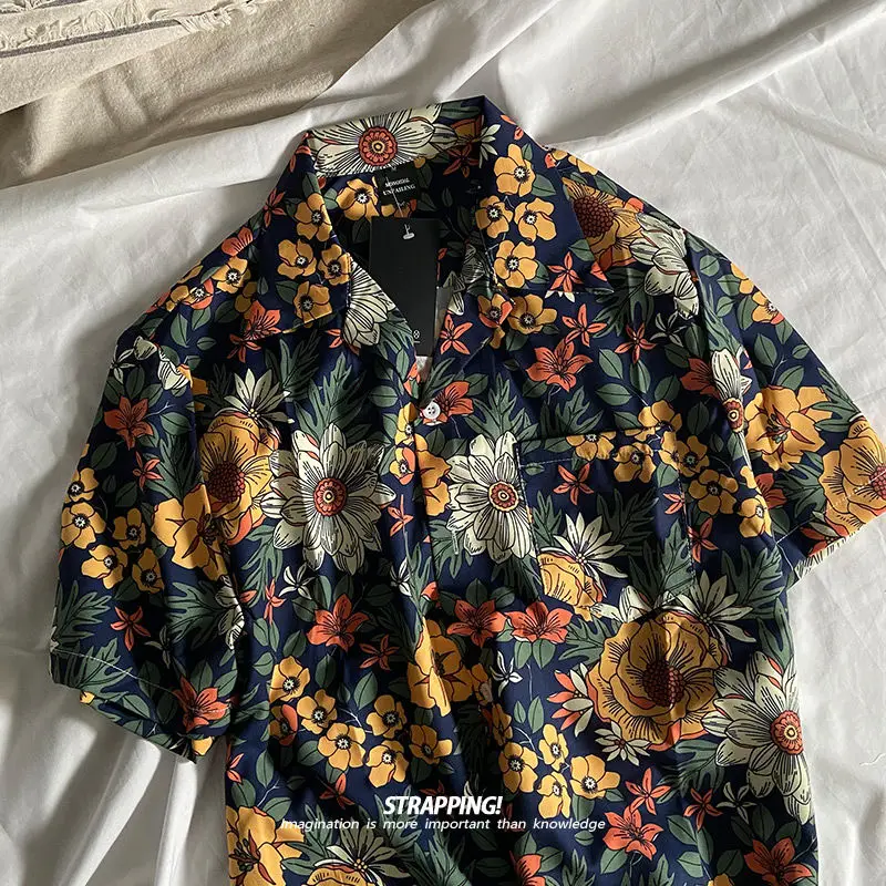 Camisa floral de manga corta con cuello cubano floral de planta de dibujo de línea para hombres y mujeres camisa retro japonesa tailandesa hawaiana de moda