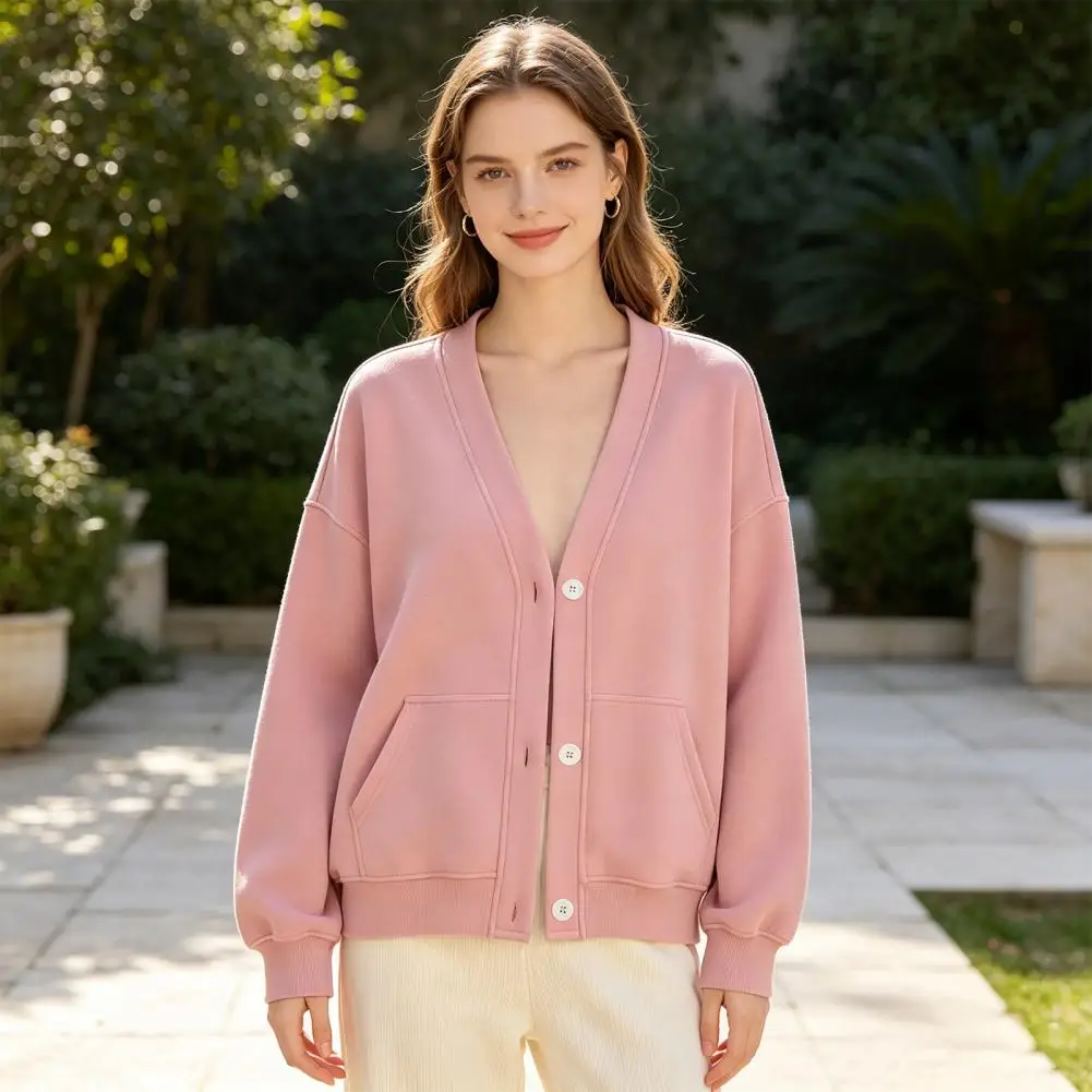 Women Button Front Cardigan Solid Color Oversized Sweatshirt with Dual Pockets Long Sleeve Casual Jacket for Fall Winter