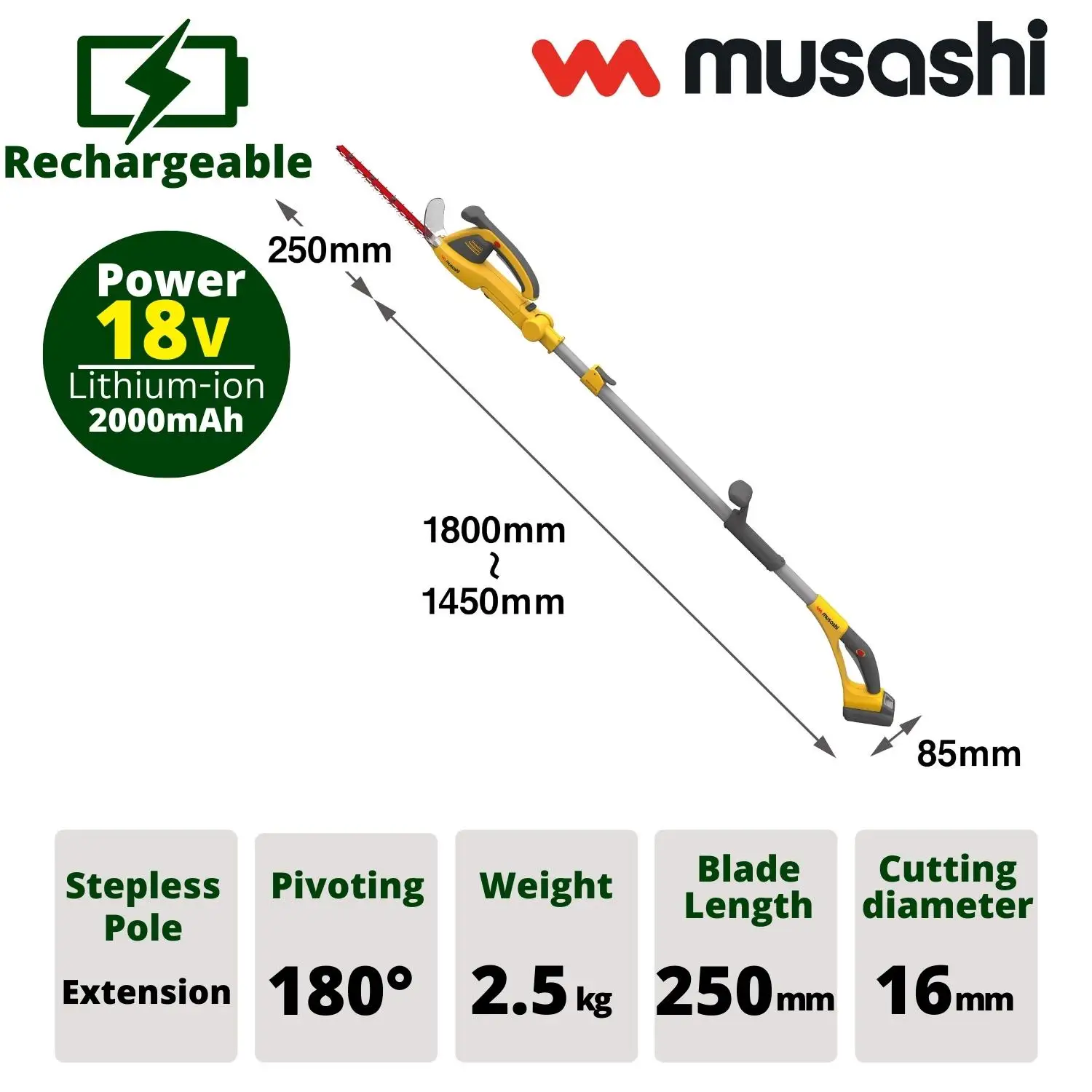 Musashi 18v Garden Cordless Power Single Blade Long Reach Hedge Trimmer battery