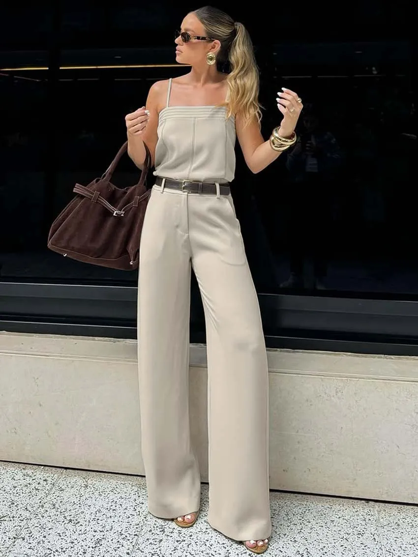 

Oymimi повседневный комплект из двух предметов светлого цвета хаки, женские модные тонкие топы на тонких бретельках в стиле пэчворк и карманы на молнии, комплекты прямых брюк