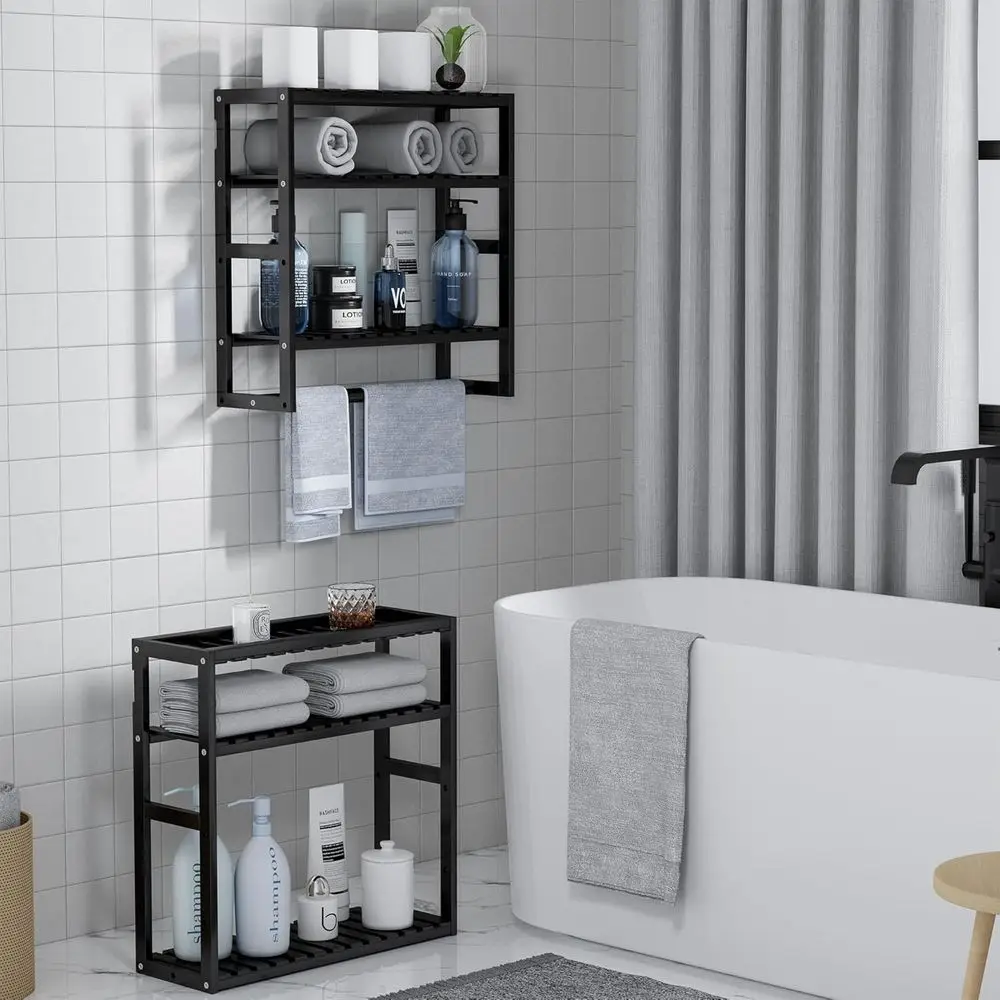 Bathroom Storage Shelves Over The Toilet with Towel Bar 100% Bamboo Adjustable Height Floating Shel Wall Shower Shel or Small Sp