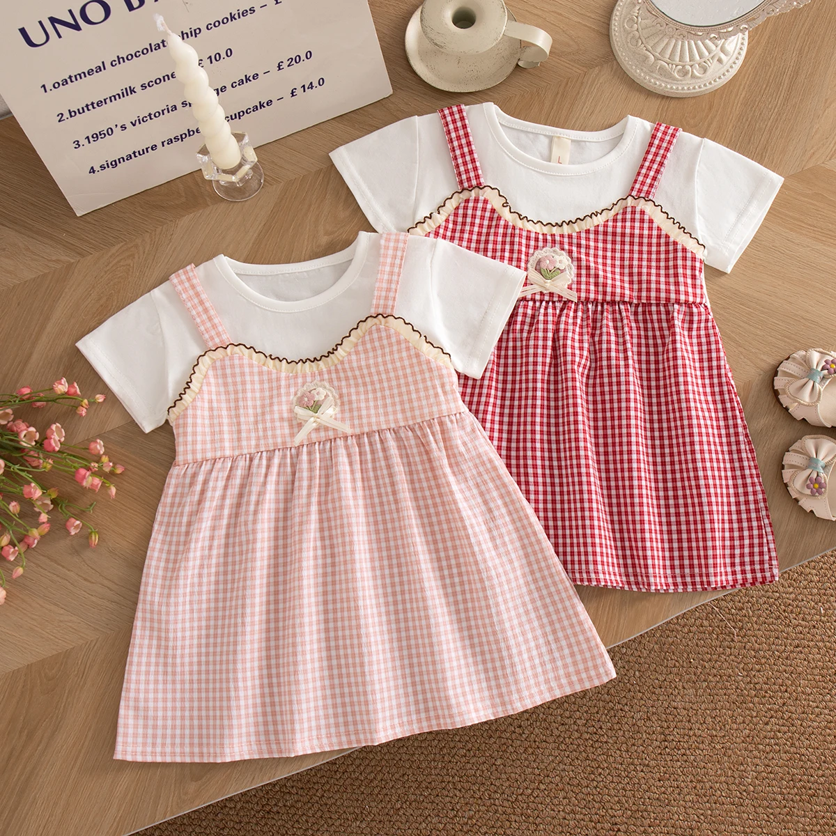 Geburtstagskleid für Babymädchen Sommer Süßes Blumen-Stickerei-Kleid mit Schleife Rosa Kariertes Kurzarm-Kleid Elegantes Mädchen-Partykleid