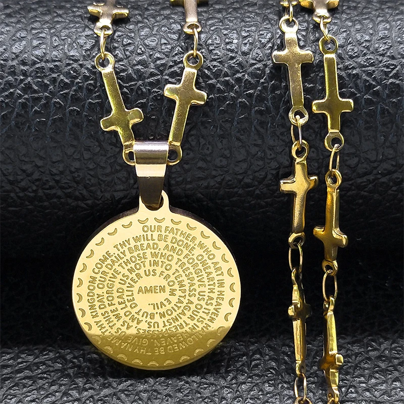 Catholic Spanish Bible Cross Stainless Steel Pendant Necklace for Women Men Lord's Prayer Scripture Chain Jewerly N7912S02