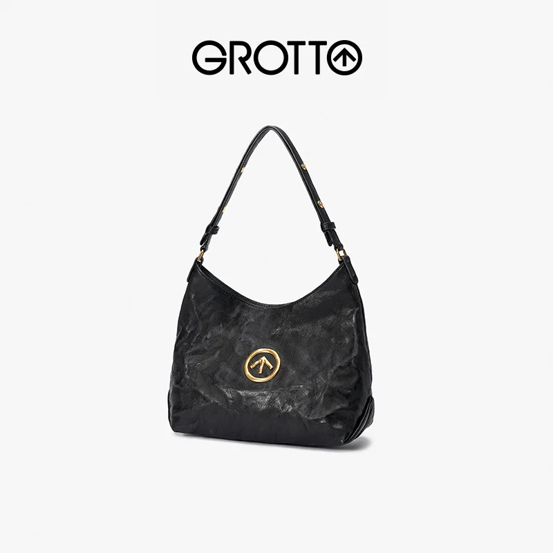 GROTTO 2025 Fashion Black Stone Hobo Small Vegetable-Tanned Lambskin Commuter Single-Shoulder Crossbody Underarm Soft Bag