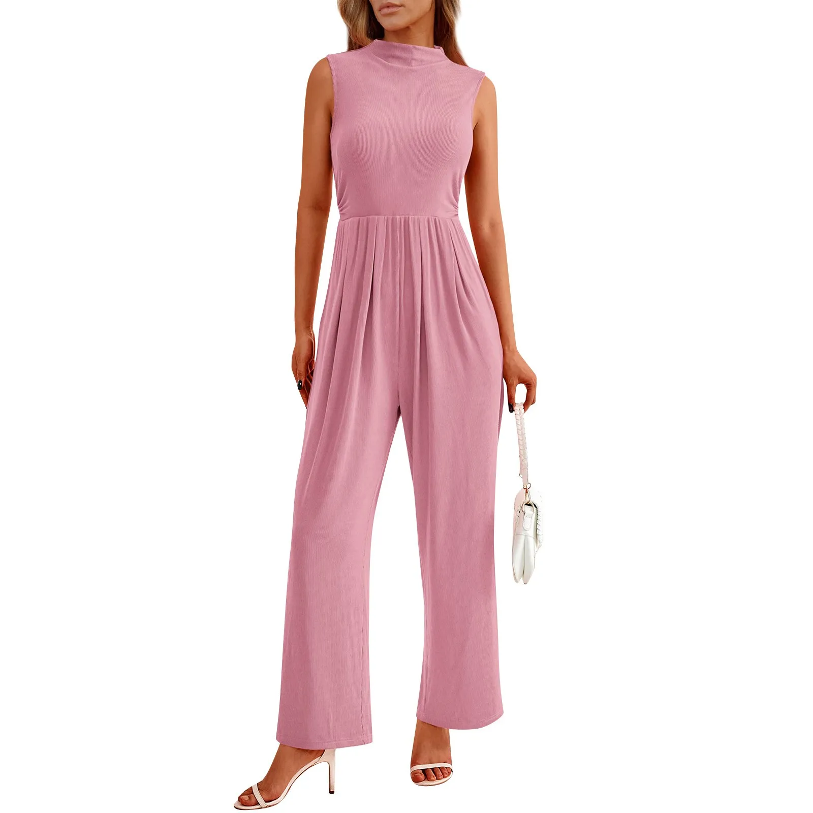 

2024 Female Elegant Solid Pleated High Waist Jumpsuit Women High Neck Sleeveless Long Jumpsuit Summer Office Lady Jumpsuit