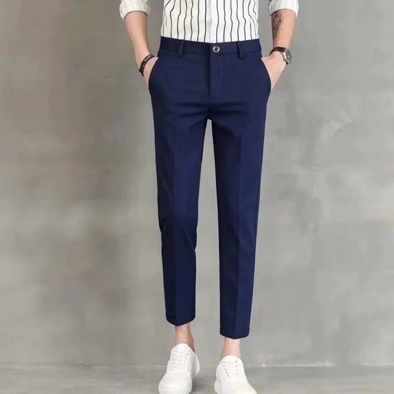 Men's elastic straight leg pants, business casual cropped pants, men's formal suit pants, solid color