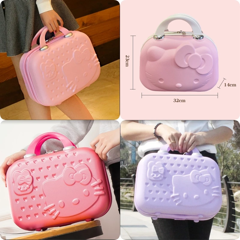 MINISO 14 Inches Cosmetic Case Hello Kittys Fashion Kawaii Cartoon Suitcase Water Proof Wear-Resistant Small Luggage Girl Gift