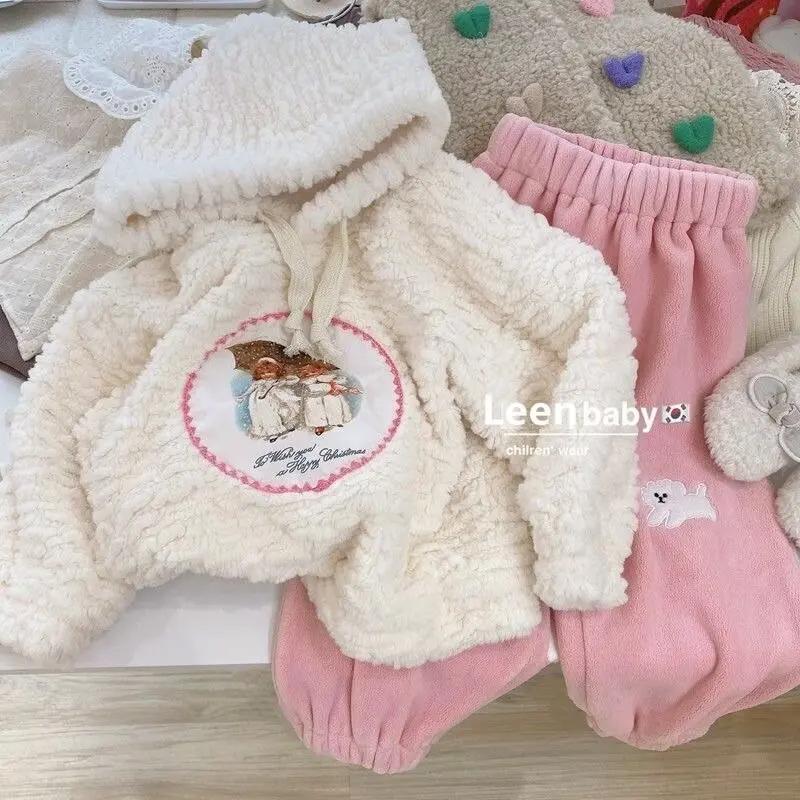 Winter New Girls' Fashionable Set and Warm Long Sleeve Winter Hoodies Little Girl Cartoon Top 2024 2 3 4 5 6 7 T