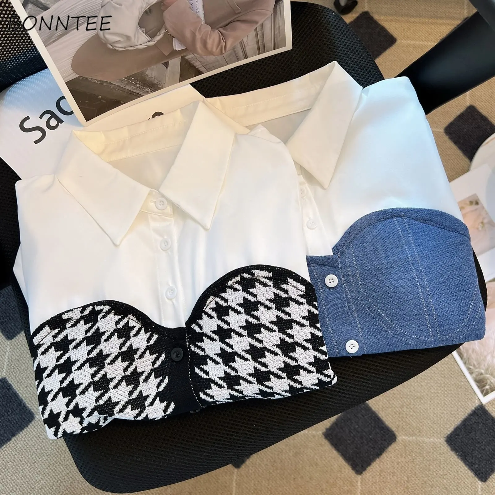 Patchworkowe koszule damskie Preppy Style Chic Designed BF Summer Crop Tops Korean Stylish Lovely Young Ulzzang OL Elegant Lapel 2023