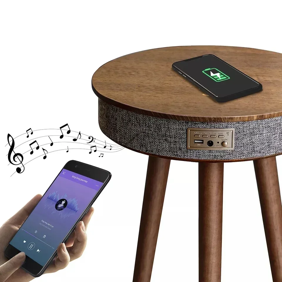 Wood modern tea coffee side table with charging and speaker bluetooth speaker end table coffee table with speaker and bluetooth