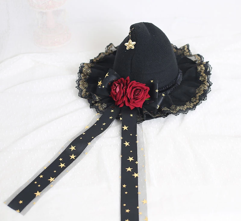 수제 로리타 블랙 할로윈 마녀 레이 시보넷 BNT 모자 별 장미 꽃 레이스 리본 BNT 헤드기어 여성 헤어 액세서리 소녀용