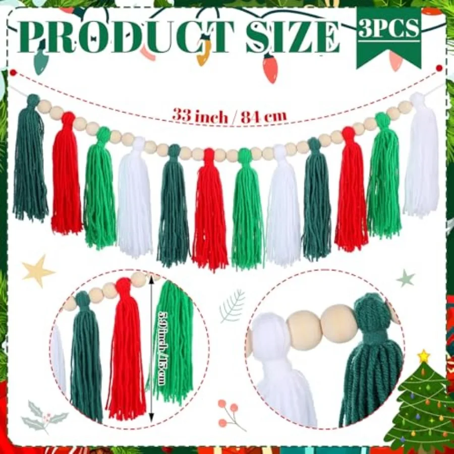 3 Pcs Christmas Tassel Garlands Red Green White Tassels Hanging Decor Xmas Rainbow Wall Hanging with Wood Beads for Christmas P