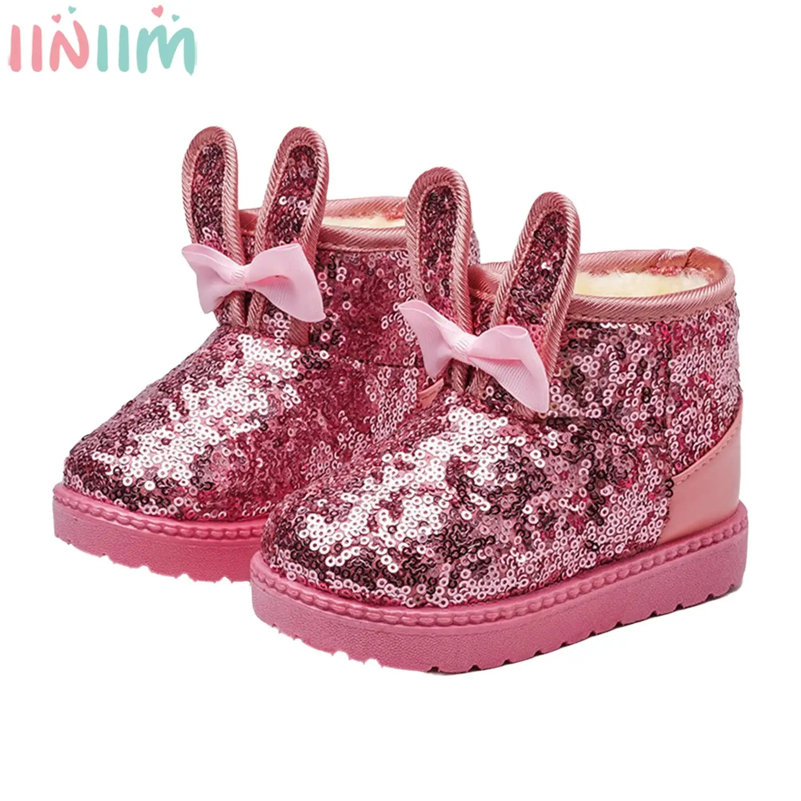 

Baby Kids Girls Winter Warm Fleece-Lined Waterproof Snow Boots Cute Rabbit Ears Bow Sequins Outdoor Non-Slip Soles Shoes