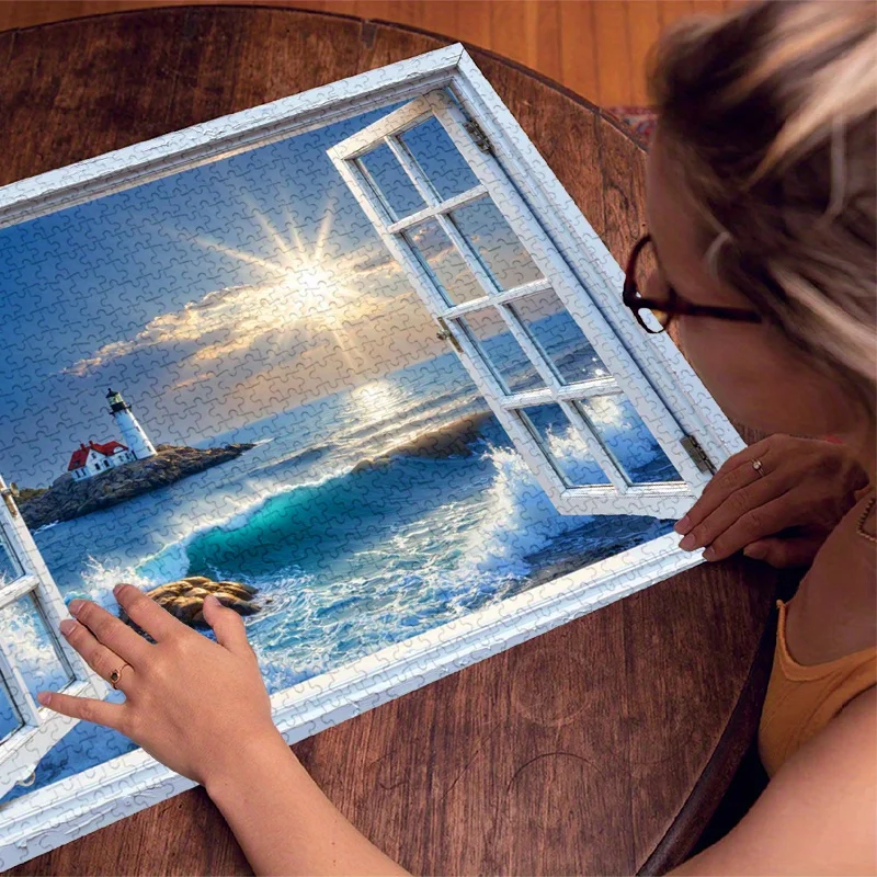 Puzzle en papier 500/1000 pièces, vue de fenêtre de phare de coucher de soleil de rêve, grand jeu familial interactif, résistant aux rayures, idée