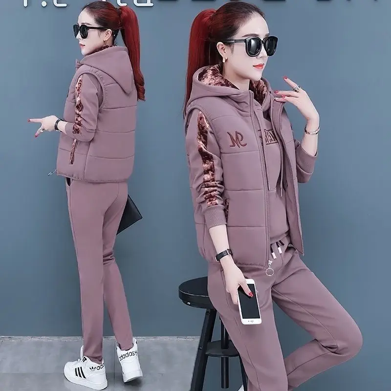 Women\'s Casual Sweat Suit 2022 Autumn Winter New Fashion Plush Thickened Hooded Tops Waistcoat Pants 3 Three Piece Set For Women