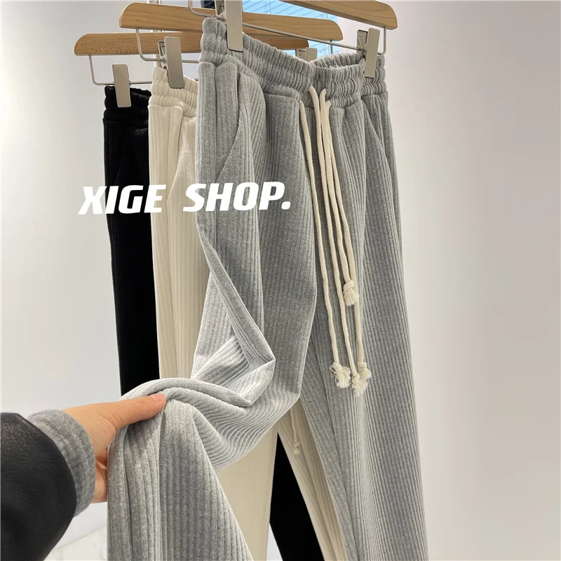 

Утепленные повседневные брюки женские прямого кроя, эластичные, удобные, универсальные, на шнурке, в корейском стиле, из смесового полиэстера и хлопка, зимние
