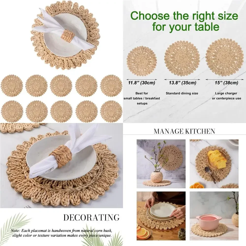 

Set of 10 Round Natural Corn Husk Placemats | Bohemian Woven Rattan Table Mats | Farmhouse Style Wicker Spring Plate Chargers |