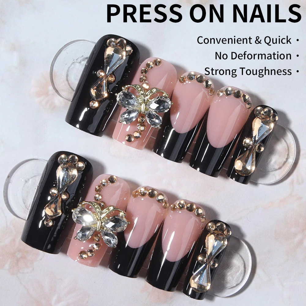 เล็บปลอมอะคริลิคแบบกดติด 24 ชิ้น ทรงสี่เหลี่ยมขนาดกลาง ลายผีเสื้อ 3 มิติ ประดับด้วยเพชร ดีไซน์ปลายเล็บสีดำแบบฝรั่งเศส ยาวพอดี เข้ารูปอย่างสมบูรณ์แบบ