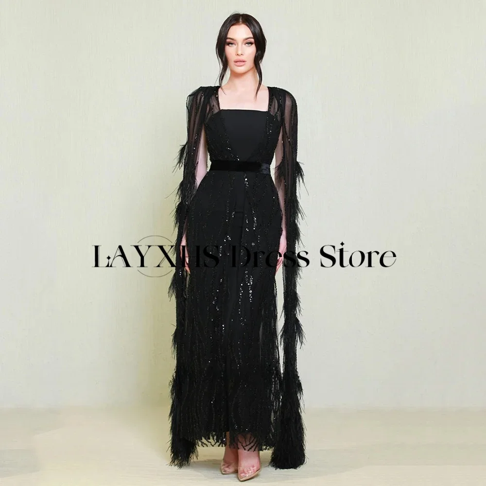 

LAYXHS Gorgeous Sequins Lace Evening Dresses Feathers Cape Ankle-Lenght Prom Dresses Customized فساتين سهرات