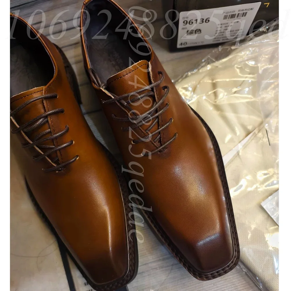 Men's Luxury Brown Leather Oxford Dress Shoes, Lace Up Formal Business Footwear with Square Toe, Classic Shoes for Daily Wear