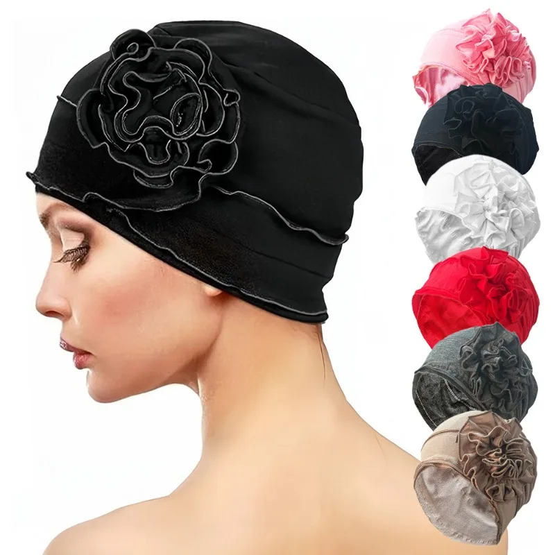 Lady's Solid-color Flower Hat 2026 Large Flower Headscarf Stretchy Chemotherapy Hats Spring Autumn Outerwear Women's Hijabs