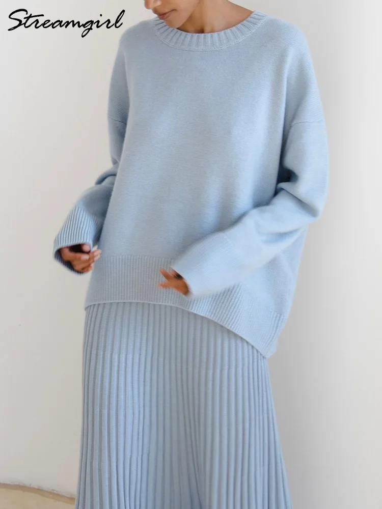 Light Blue Oversized Sweaters For Women 2024 Trend White Loose Sweater Casual Autumn Winter Warm Thick Knit Sweater Women Jumper