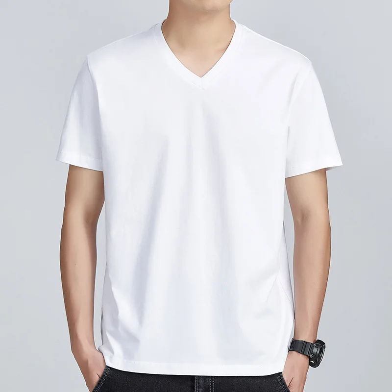 Short Sleeve T-shirt Men's High-quality Pure Cotton Comfortable Simple Loose Tops V-neck Solid Colors Casual Fashion T Shirts