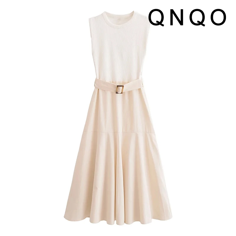 QNQO White Dress for Women with Belt O-Neck Sleeveless Chic Casual Dresses 2024 New Fashion Loose Pleated Elegant Solid Dress