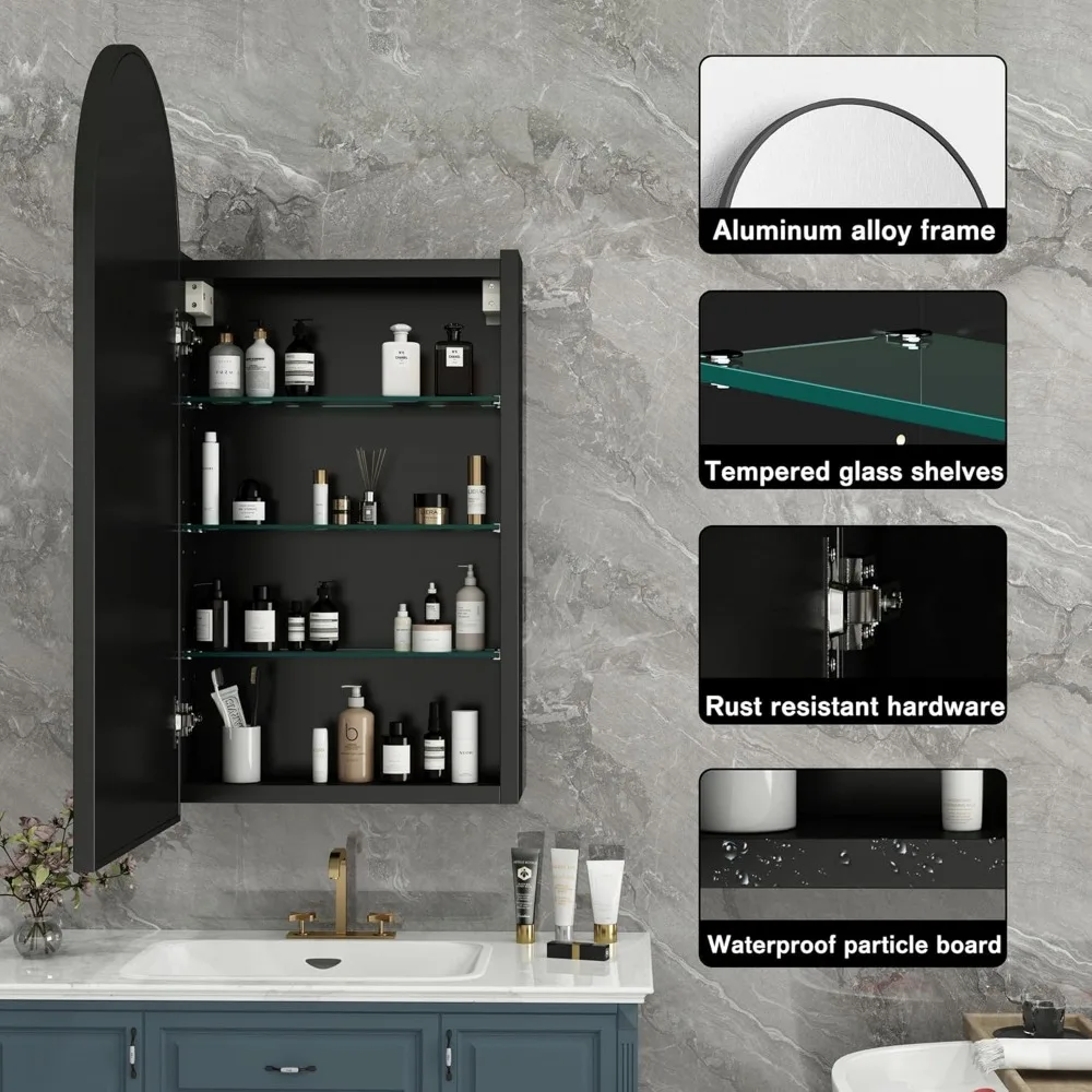 Arched Medicine Cabinets with Mirror Black, Metal Framed Medicine Cabinet Wall Mounted, Bathroom Mirrored Cabinet with Storage,