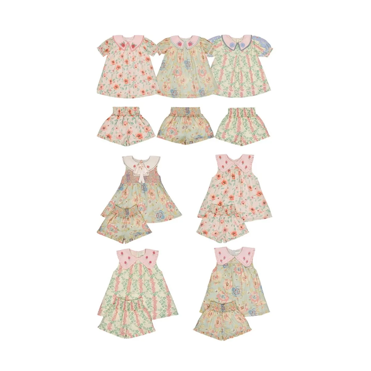 

Комплект для девочек: рубашка и шорты, лето 2026, в деревенском стиле, с вышивкой цветов, топ на завязках, две части