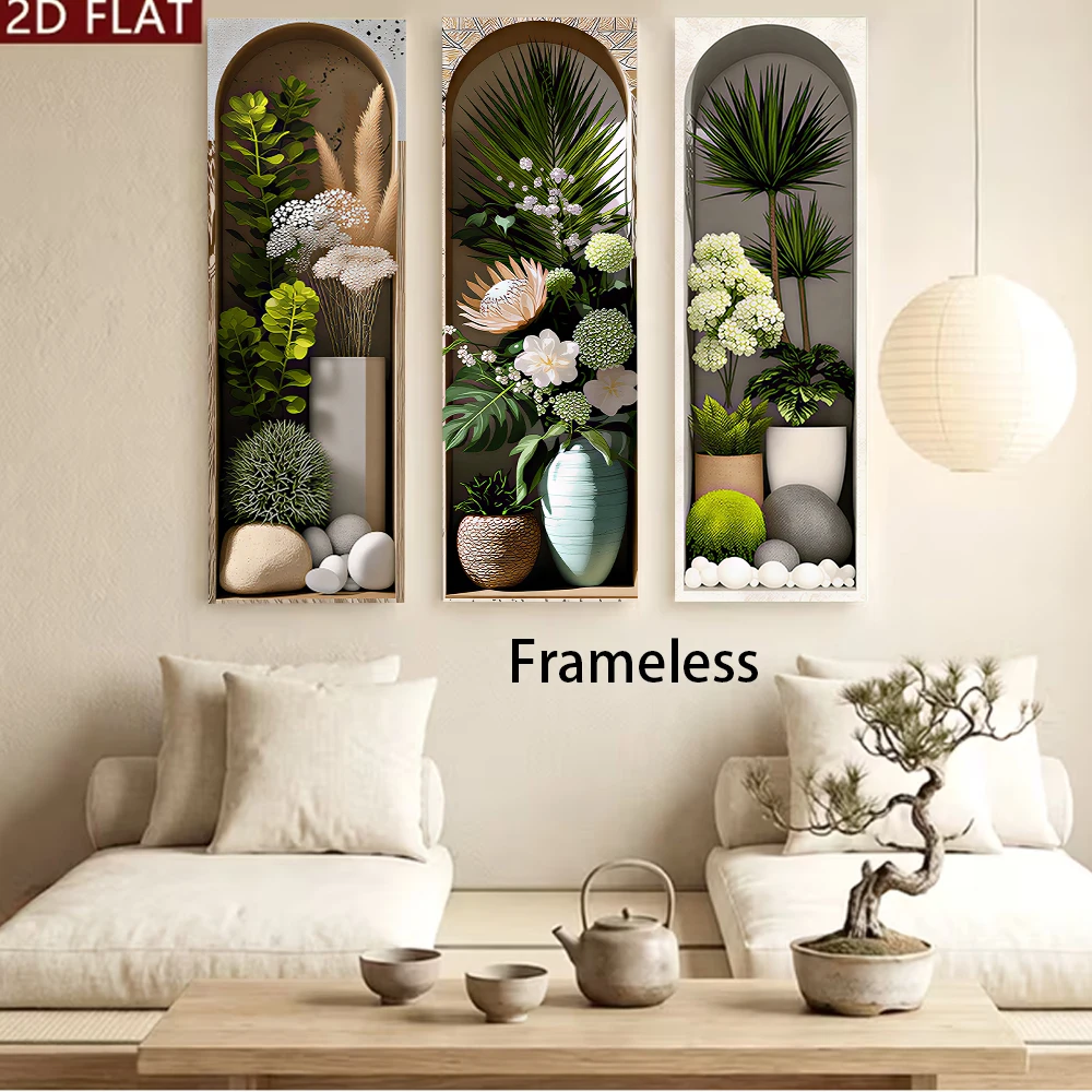 1 set of modern simple triple frameless wall stickers, simulated green plants, flowers, living room entrance background wall dec