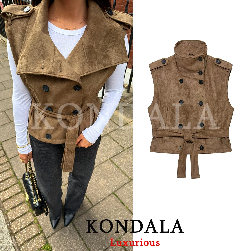 KONDALA Vintage Casual Chic Women Suede Vest Khaki Stand Collar Sleeveless Double Breasted Pockets Belt Coat Fashion 2026 Vest