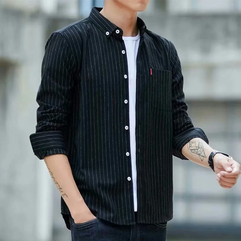 Men's Loose Long Sleeve Striped Shirt Casual Wear Resistant to Dirt Spring Autumn American Trend Brand Breathable Polyester F...