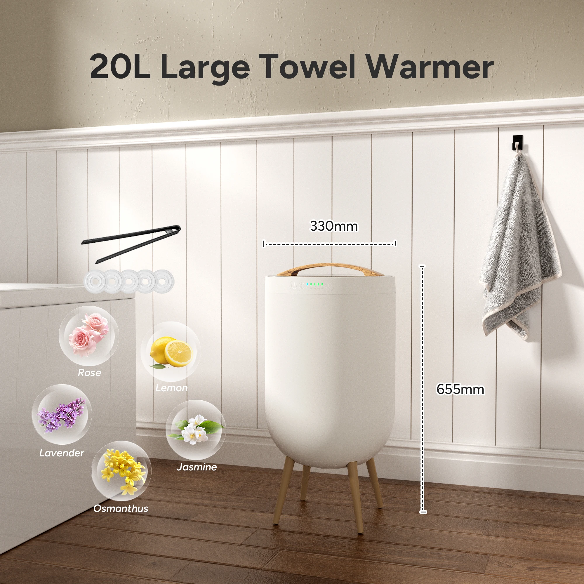 20L Towel Warmer Bucket with Bluetooth Speaker RGB Ambient Light, Fast Heating 275°F Hot Towel Heater for Bathroom, Aroma Tablet Slot, 15‑60Min Timer for Towels Bathrobes Blankets