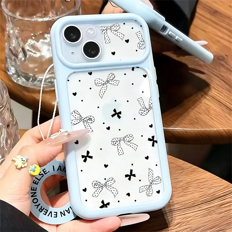 Coquette Black Bow Heart Polka Dot Print Phone Case For iPhone 11-17 Series, Large Clear Window Shockproof Soft TPU Cover