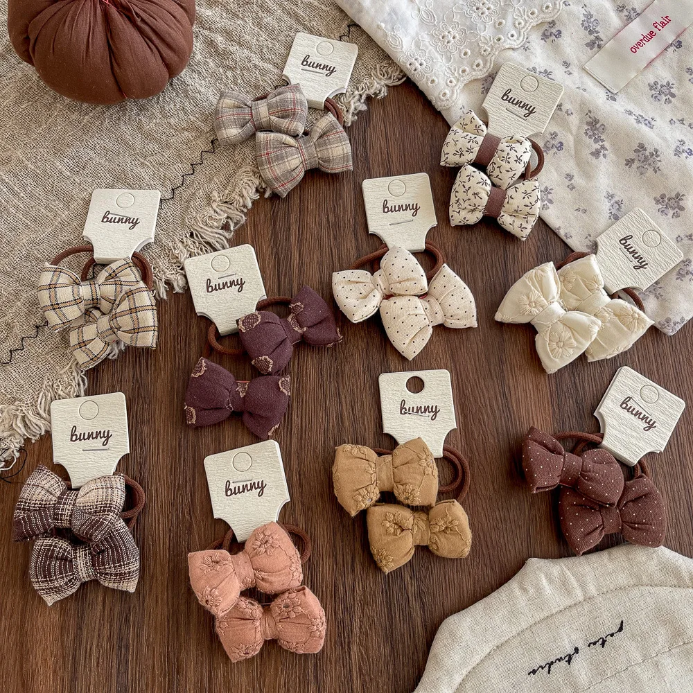 2pcs Baby Girls Hair Ties Ponytail Holders Mini Plaid Floral Bow High Elastic Beige Coffee Winter New Cute for Kids Accessories