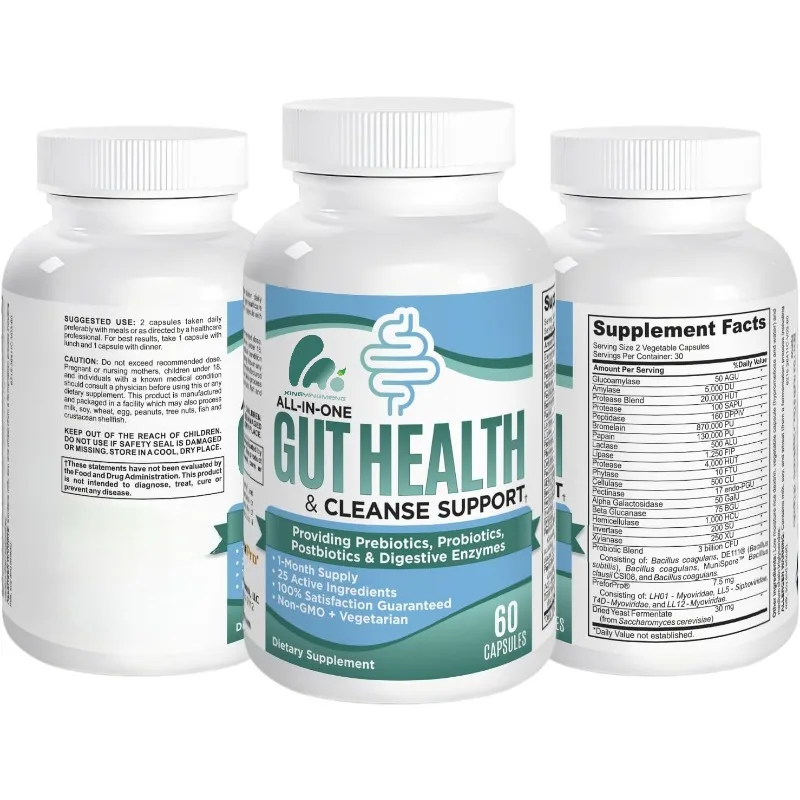 

Intestinal health nutrient supplement capsules contain a mixture of prebiotics, probiotics, and digestive enzymes