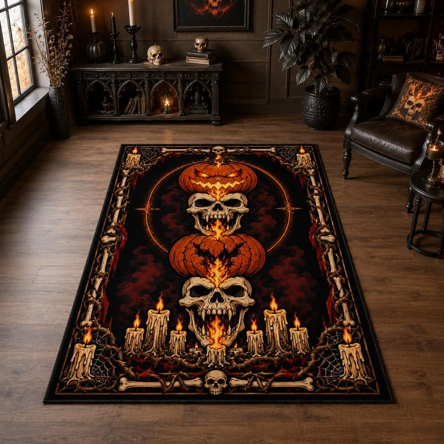 Flaming Skull Pumpkin Carpet, Gothic Halloween Carpet, Dark Horror Decoration.