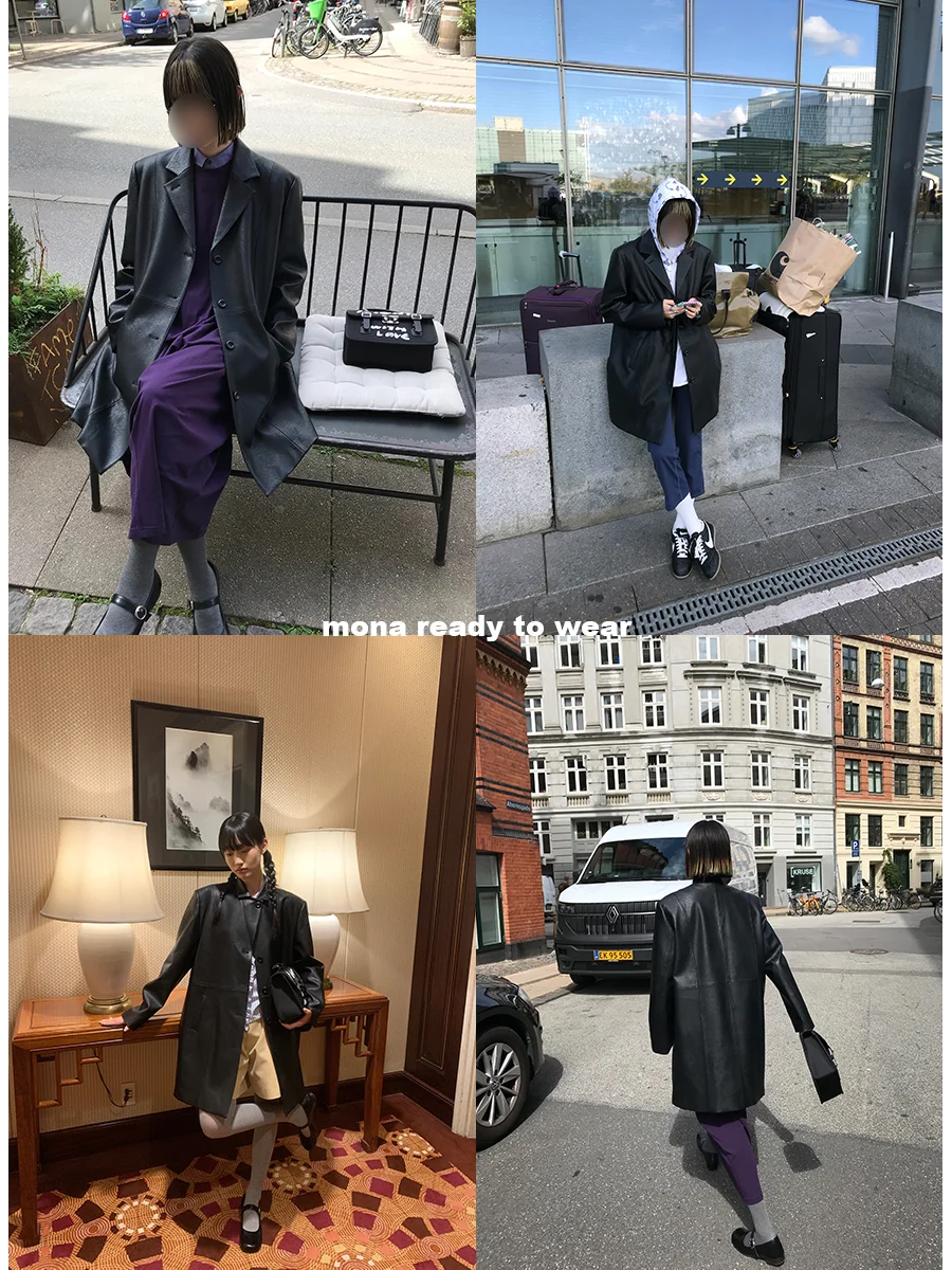 MONA Giacca Semplice e Casual in Pelle PU da Donna, Lunghezza Media, Nuovo Stile Estivo, Design con Cerniera, Maniche Lunghe