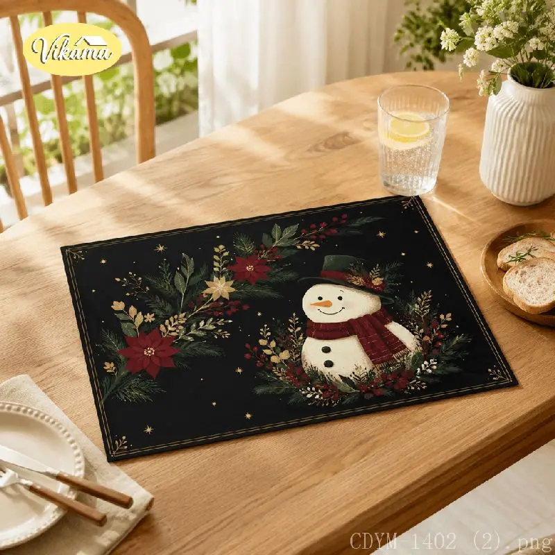 VIKAMA Christmas Snowman Pair Placemat Red Scarf Holly Table Mat Dining Kitchen Holiday Home Decor Aesthetic Art Large Premium