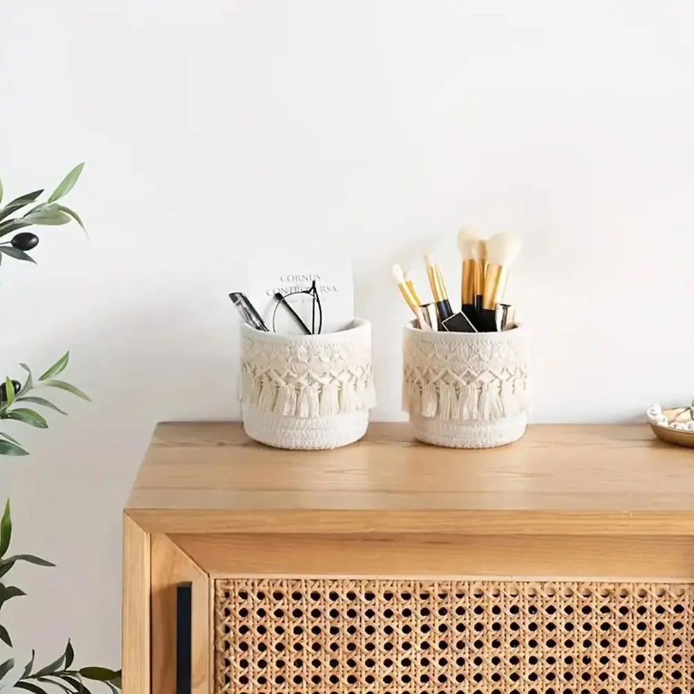 

New Tassels Desktop Storage Basket White Coffee Weaving Sundries Organizer Basket Round Photo Props Snacks Box Home Decoration
