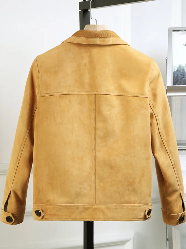 Autumn Men Single Breasted Goat Suede Leather Cargo Jacket Vintage Slim Fit Motorcycle Riding Genuine Leather Coat Man Jacket