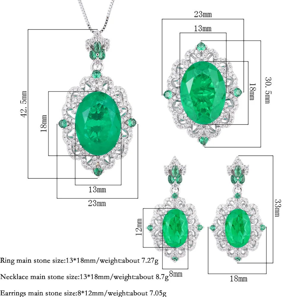 Retro 13*18mm Emerald Gemstone Necklace Pendant Ring Earrings Lab Diamond Wedding Party Women Fine Jewelry Sets Anniversary Gift