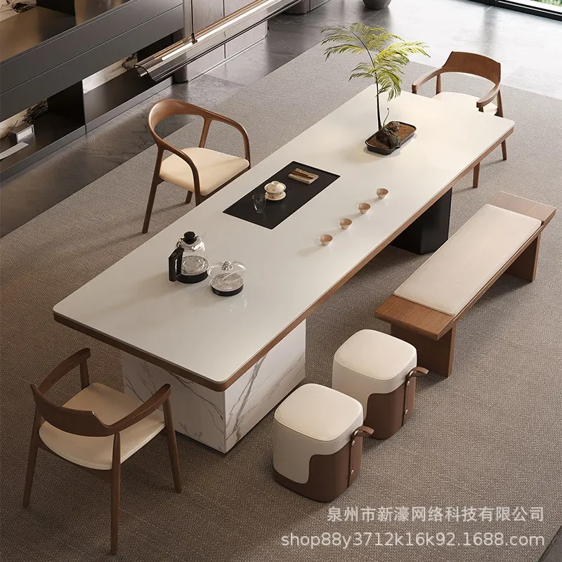 Solid Wood Rock Slab Tea Table with Integrated Kettle and Tray White Living Room Office Guest Furniture Set