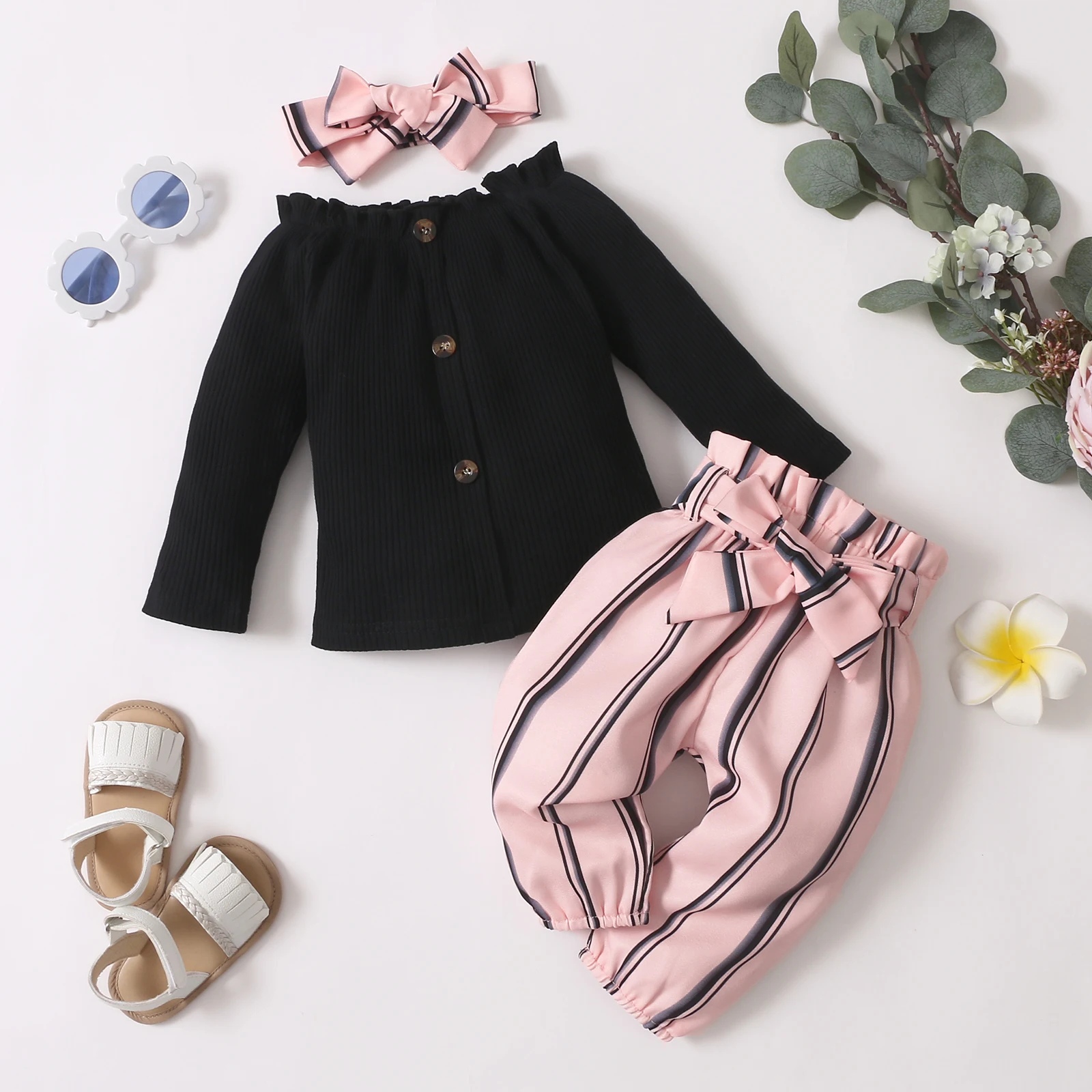 0-2 Year Old Newborn Baby Spring and Autumn Round Neck With Button Long Sleeve With Striped Pants Fashion Set