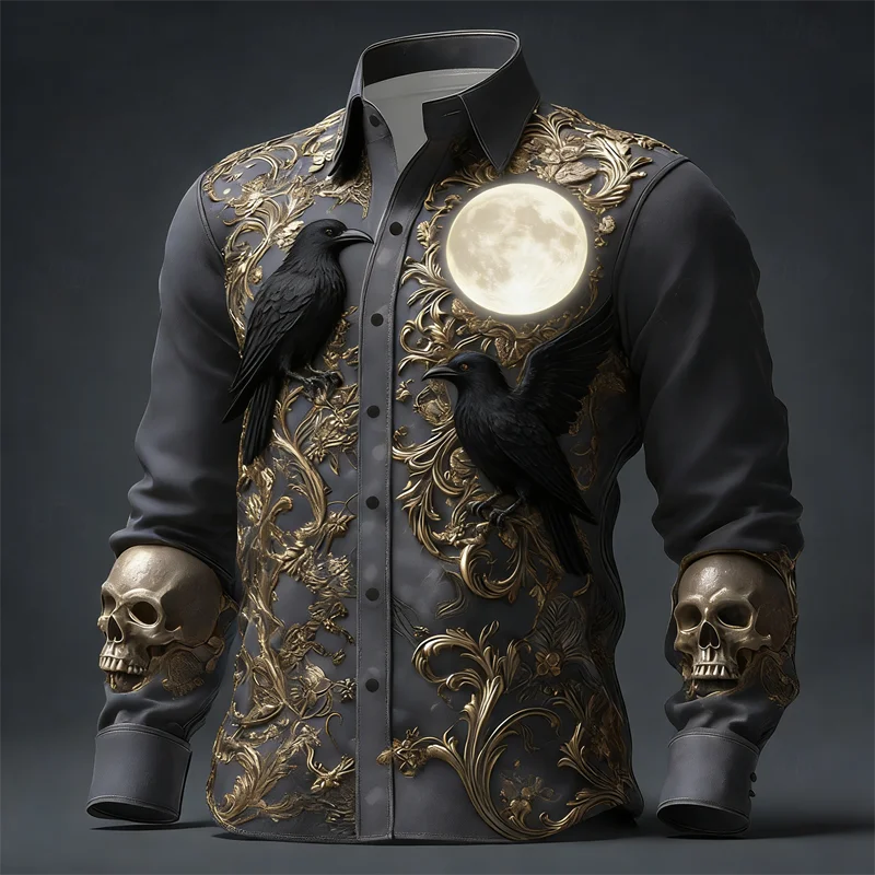 New men's long sleeved shirt 3D skull print long sleeved crow high-quality flower pattern top shirt clothes