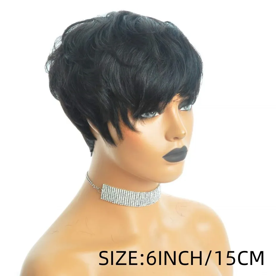 시크한 숏 레이어드 픽시 컷 곱슬 가발 앞머리 포함 자연스러운 블랙 컬러 일상용