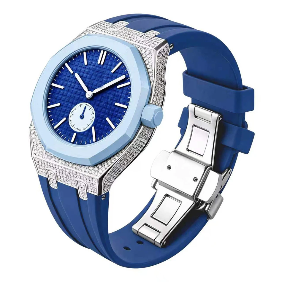 Diamant-Moissanit-Uhrenarmband für Swatch X AP Royal Pop Pocket Edelstahlgehäuse mit Silikonarmbändern Set Ersatzband