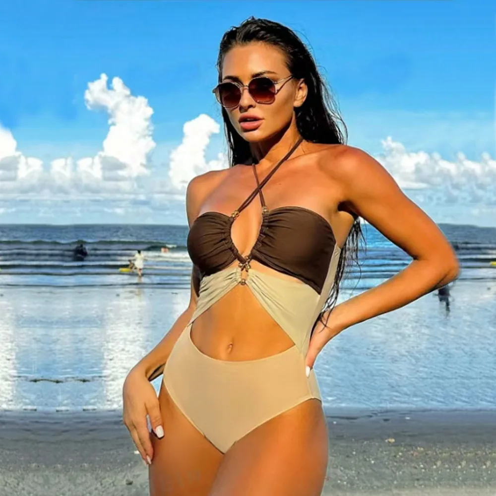 

Cut Out One Piece Swimsuit with Skirt 2025 Women Hollowen Swimwear Monokini Patchwork Bodysuit Female Bathing Suit Beach Wear